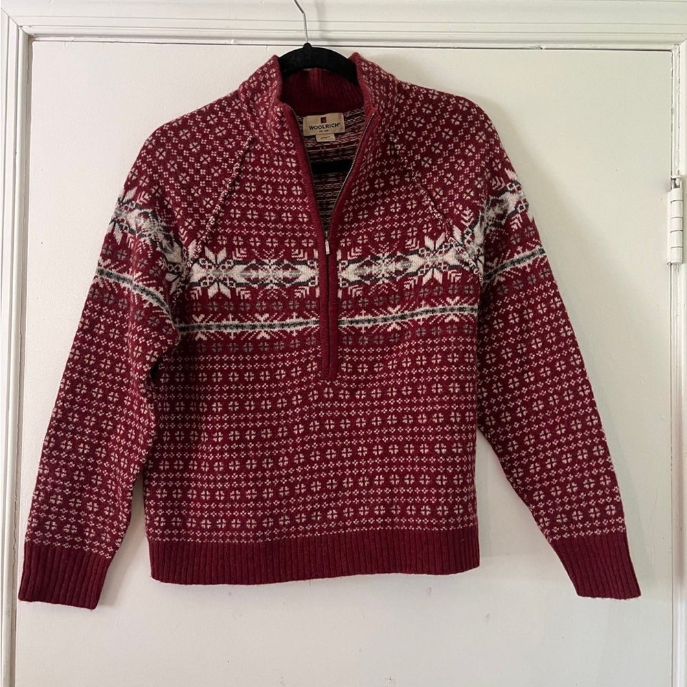 Woolrich Womens Red Nordic 100% Lambswool Quarter Zip Sweater PM